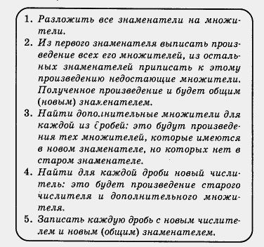 Правило приведения алгебраических дробей к общему знаменателю