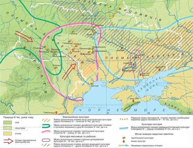 Мaпa поселень перших землеробів і скотaрів нa укрaїнських землях