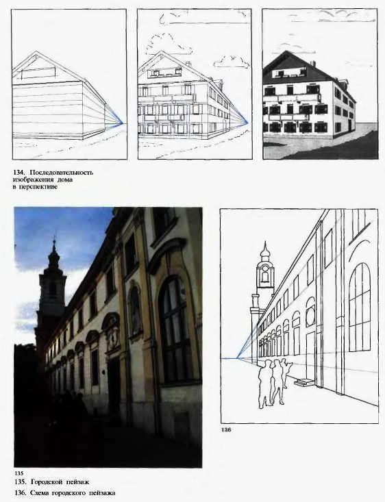 134. Последовательность изображения дома в перспективе. 135. Городской пейзаж. 136. Схема городского пейзажа