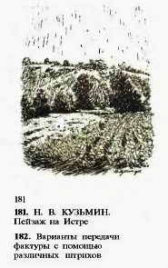 181. КУЗЬМИН. Пейзаж на Истре. 182. Варианты передаччи фактуры с помощью различных штрихов