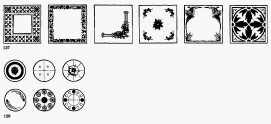 127. Орнаменты на прямоугольной форме. 128. Схемы орнаментов на круглой форме