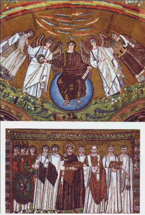 29. Христос на сфере. Мозаика апсиды. VI в. Церковь Сан-Витале. Равенна. 30. Выход Юстиниана. Мозаика апсиды. VI в. Церковь Сан-Витале. Равенна