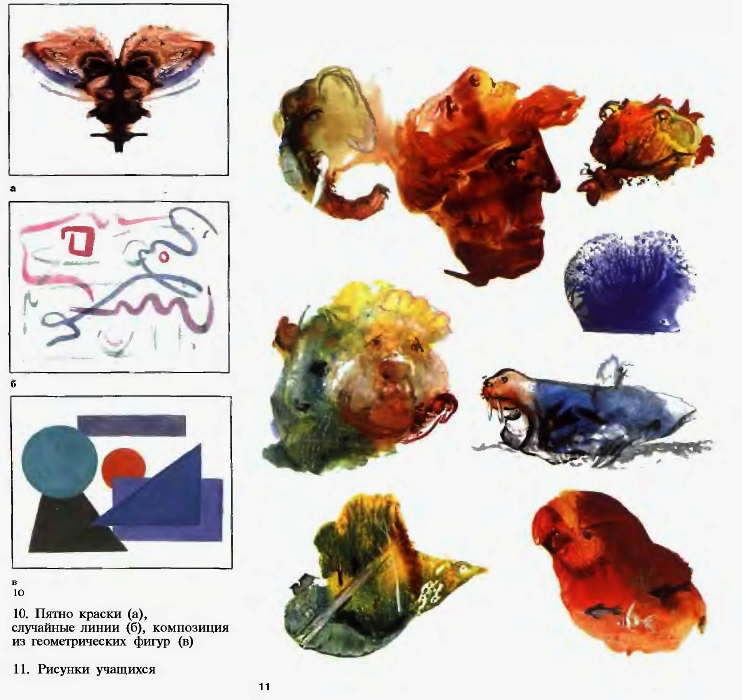 10. Пятно краски (а), случайные линии (б), композиция из геометрических фигур (в);  11. Рисунки учащихся