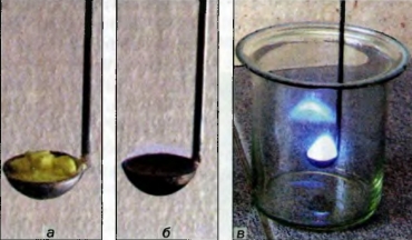 Сера (а) и ее горение на воздухе (б) и в кислороде (в)