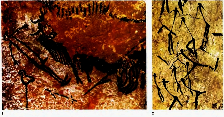 1. Наскальная живопись. Раненый бизон и мертвый охотник. Пещеры Ласко, Франция. Последний период палеолита. 2. Наскальная живопись. Группа охотников. Ущелье Валторты. Испания. Мезолит